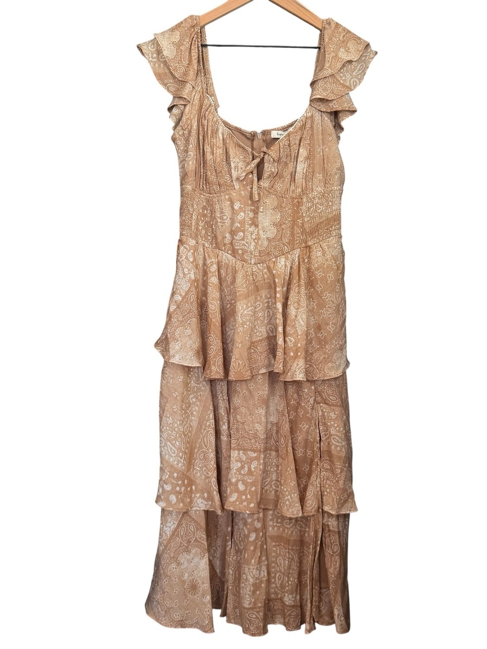 Francesca’s NWT Tiered Paisley Maxi Dress in Light Brown with Ruffled Sleeves